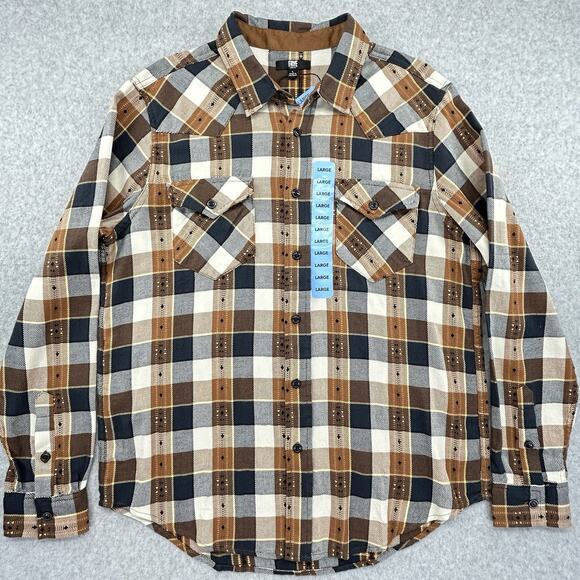 Frye Jacquard Flannel Shirt Men's Size Large Brown Plaid Button Up NEW Read - Picture 1 of 14